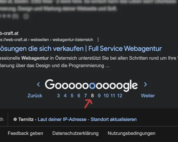 Google Suchmaschinen Ranking nach SEO Optimierung nach einem Monat bereits auf Seite 8