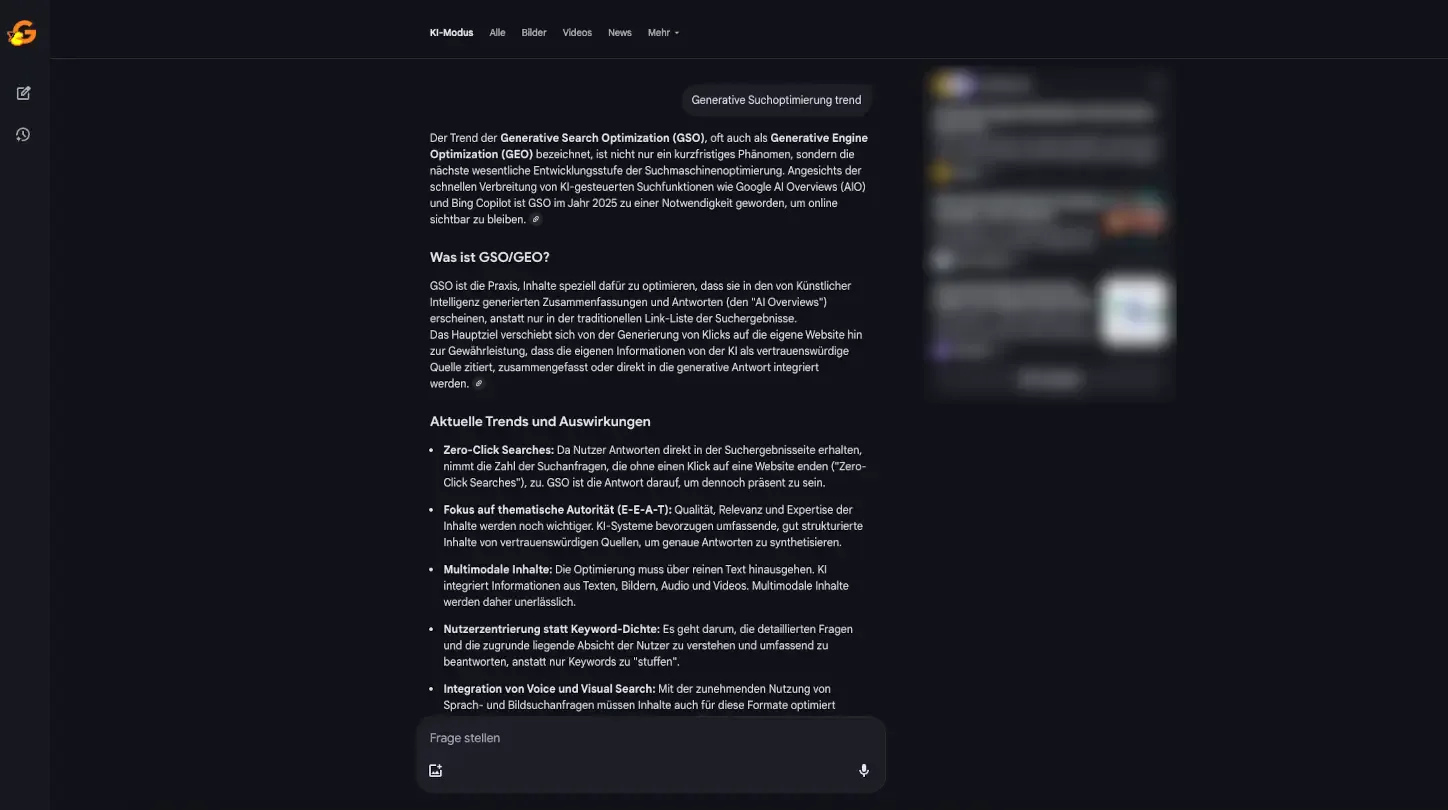 KI Suchprompt Generativer Suchprompt mit Ergebnis