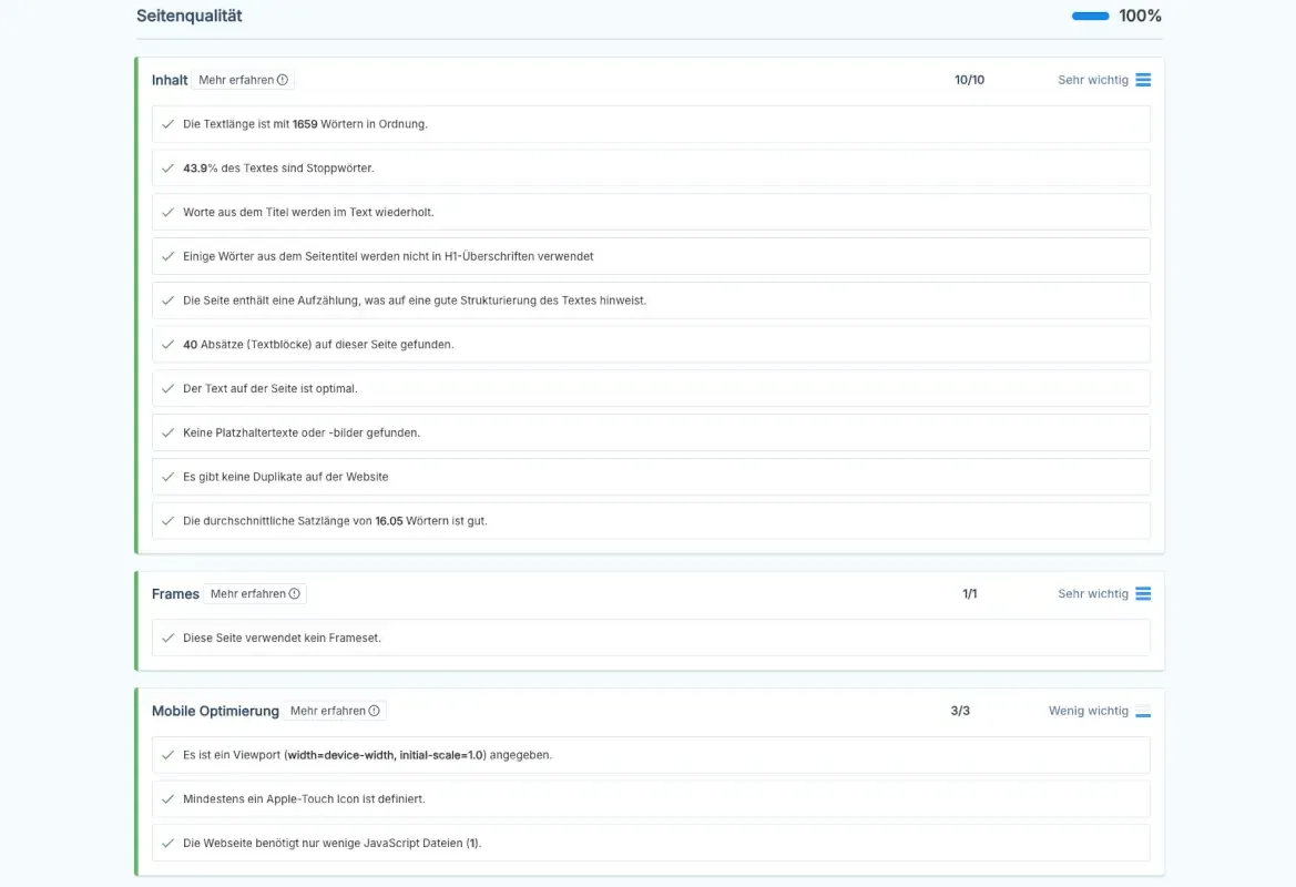 Onpage SEO Screenshot Onpage SEO Testergebnis als Screenshot