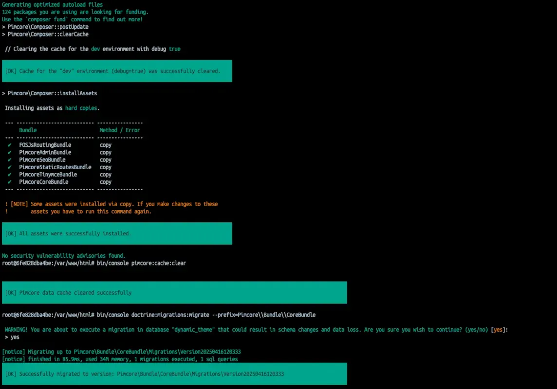 Pimcore update Screenshot Erfolgreiches Pimcore CMS update als Screenshot