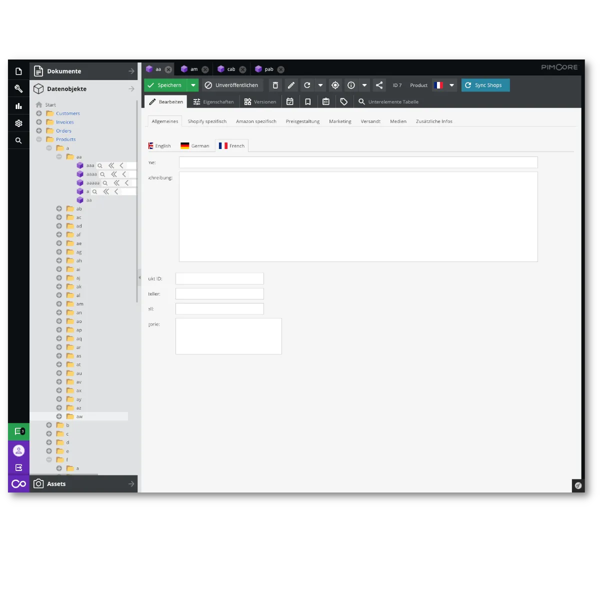 Admin Oberfläche zeigt eine Product Information Management (PIM) Übersicht beim Editieren von Produkten