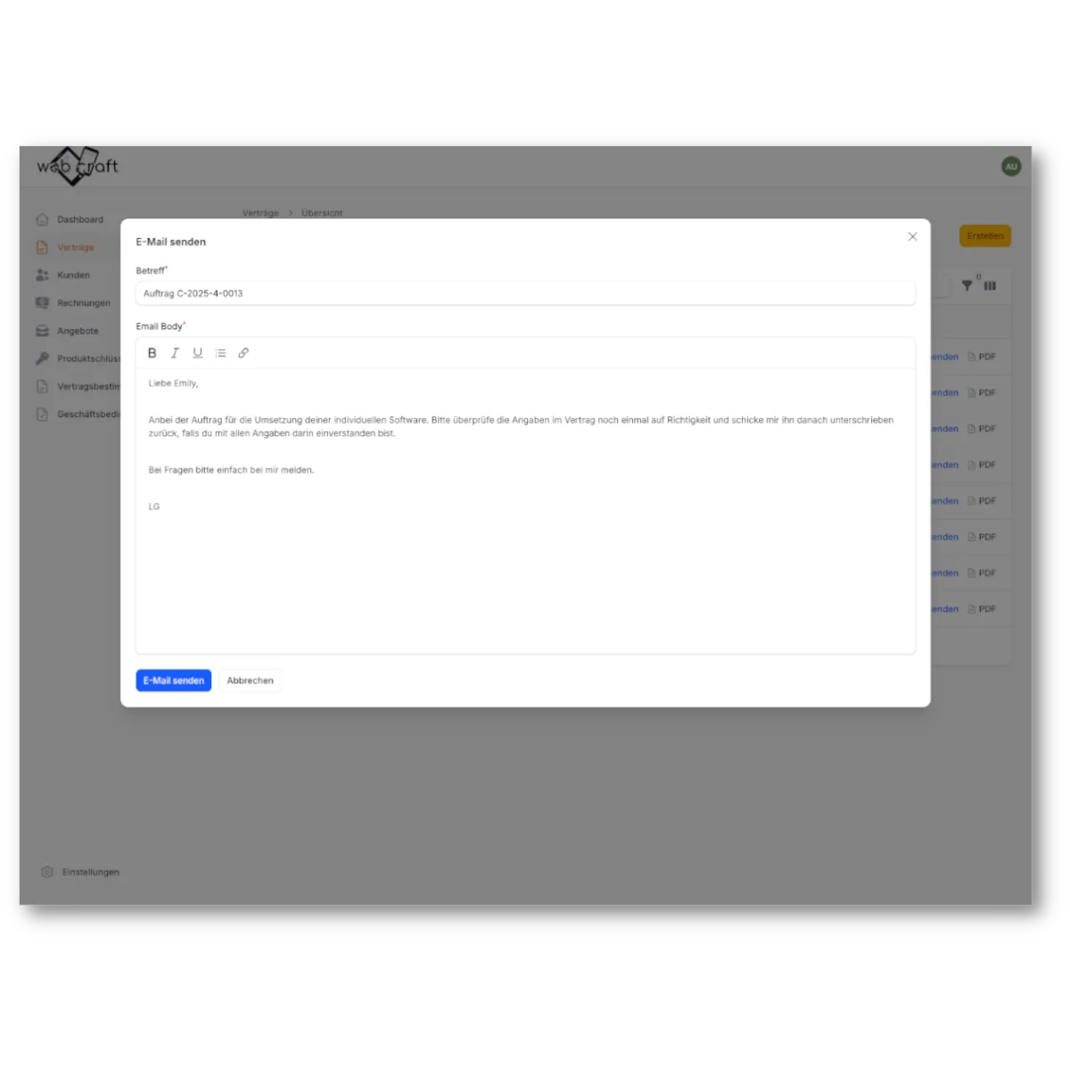 Individuelles CRM System zeigt eine Vertragsliste mit einfachem und integriertem E-Mail Versandt zum Auftragnehmer