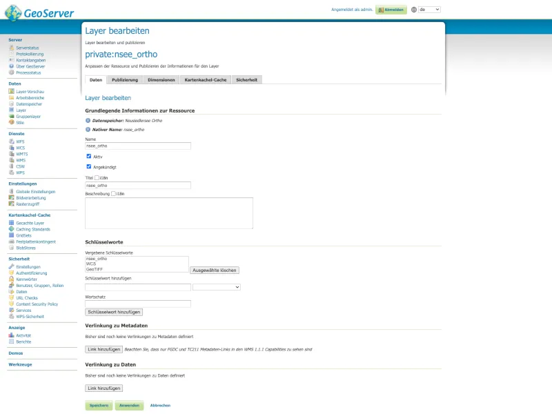 Integrierte GeoServer Admin zeigt die Bearbeitung von Ebenen für die interaktive Karte Integrierte GeoServer Admin zeigt die Bearbeitung von Ebenen für die interaktive Karte