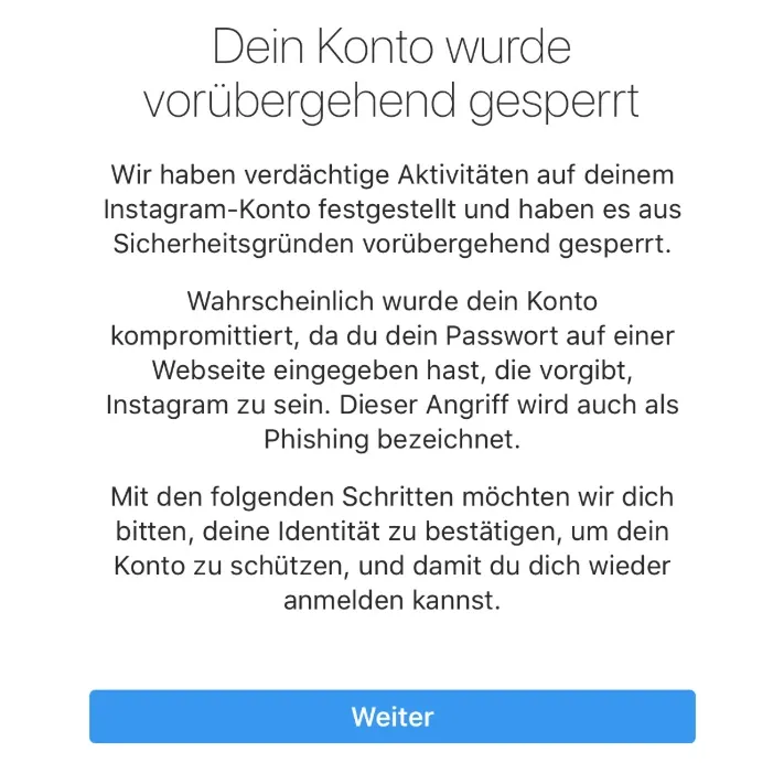 Abhängigkeit durch Social Media: Popup mit Text zu Instagram Account Sperre