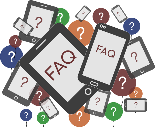 Bild welches den FAQ Bereich grafisch darstellt. Zu sehen sind mehrere Tablets, Smartphones und Luftballons mit Fragezeichen auf dem Display sowie ein Tablet und ein Smartphone mit dem Wort FAQ auf dem Display.