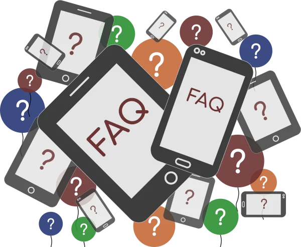 Bildliche Beschreibung des FAQ Bereichs Grafische Darstellung des FAQ-Bereichs mit Tablets und Smartphones